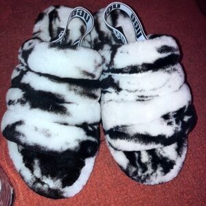UGG Black and White Fuzzy Sandals